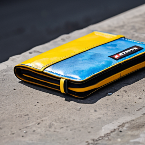 Home 8 A professional, close-up shot of a rugged Freitag wallet, meticulously crafted from recycled truck tarpaulin. The image highlights its unique, industrial aesthetic, showcasing distinctive creases, vibrant colors, and original markings from its previous life, emphasizing its durability and upcycled nature. The background features a blurred, urban concrete texture. safe for work, appropriate content, fully clothed, professional photography, high quality, perfect product representation, accurate material textures, family-friendly.