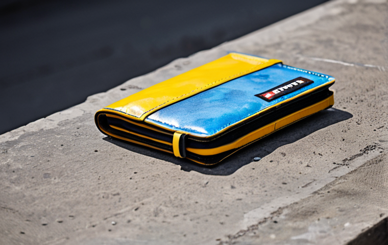 A professional, close-up shot of a rugged Freitag wallet, meticulously crafted from recycled truck tarpaulin. The image highlights its unique, industrial aesthetic, showcasing distinctive creases, vibrant colors, and original markings from its previous life, emphasizing its durability and upcycled nature. The background features a blurred, urban concrete texture. safe for work, appropriate content, fully clothed, professional photography, high quality, perfect product representation, accurate material textures, family-friendly.
