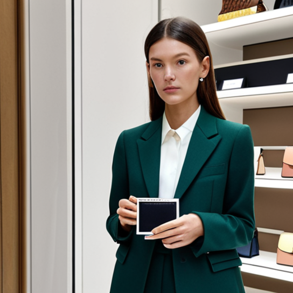 **
"A professional woman in a modest business outfit, holding a stylish, minimalist Acne Studios mini card wallet. She is standing in a chic Milan boutique, surrounded by luxury goods. Fully clothed, appropriate attire, safe for work, perfect anatomy, natural proportions, professional fashion photography, high quality."
**