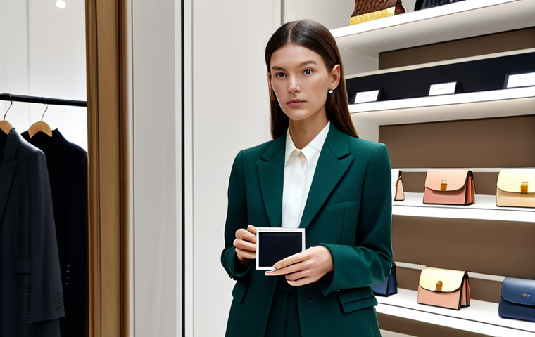 **
"A professional woman in a modest business outfit, holding a stylish, minimalist Acne Studios mini card wallet. She is standing in a chic Milan boutique, surrounded by luxury goods. Fully clothed, appropriate attire, safe for work, perfect anatomy, natural proportions, professional fashion photography, high quality."
**