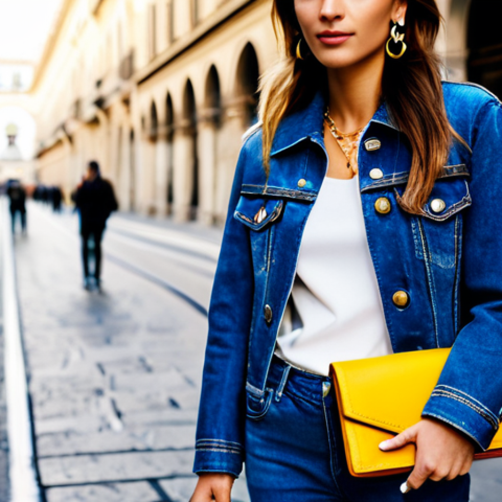 디올 오블리크 지갑의 활용법 - Casual Chic**
"A stylish woman in a denim jacket and jeans, fully clothed, standing in a vibrant Mi...