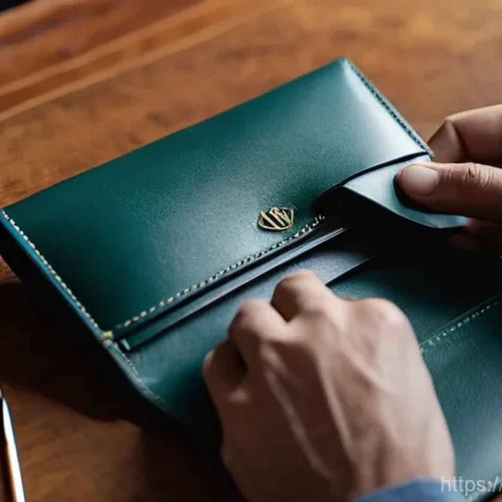 듀퐁 가죽 지갑의 품질과 스타일 - **"A close-up shot of an artisan's hands meticulously stitching a luxurious S.T. Dupont leather wall...