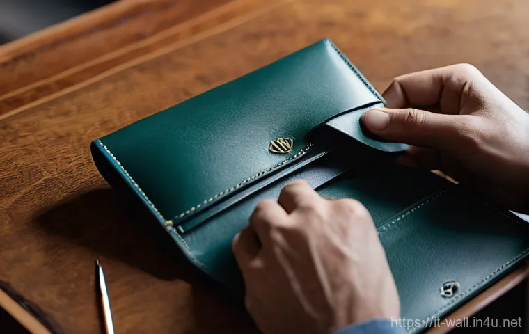 듀퐁 가죽 지갑의 품질과 스타일 - **"A close-up shot of an artisan's hands meticulously stitching a luxurious S.T. Dupont leather wall...