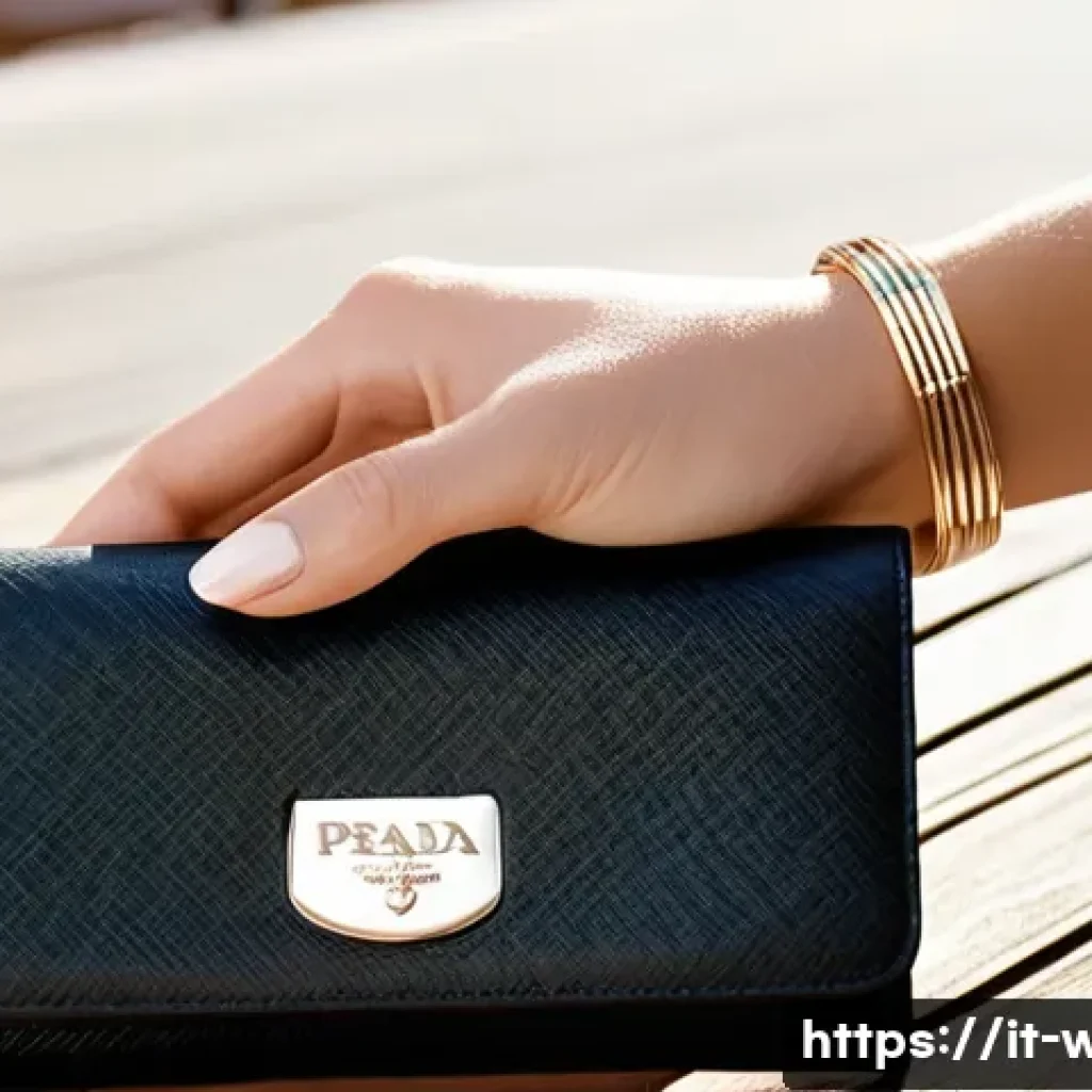 프라다 사피아노 컴팩트 지갑 추천 - **Prompt:** A close-up, high-angle shot of a sophisticated woman's hand gently resting on a compact ...