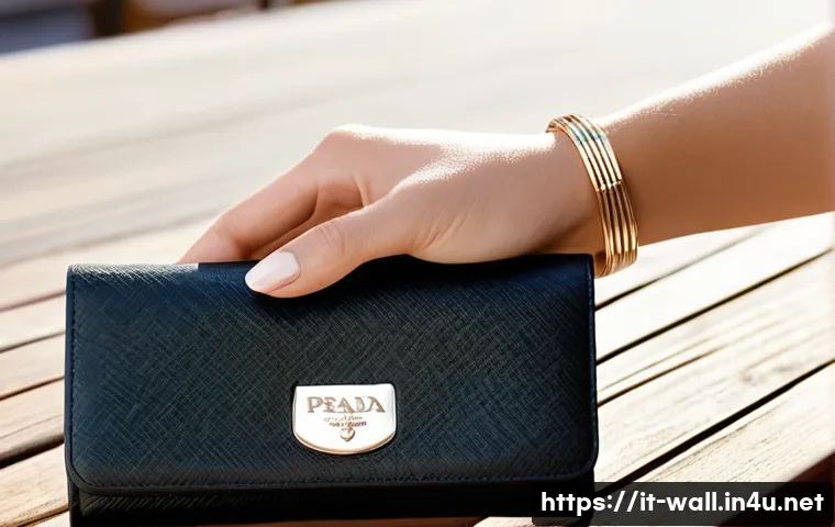 프라다 사피아노 컴팩트 지갑 추천 - **Prompt:** A close-up, high-angle shot of a sophisticated woman's hand gently resting on a compact ...