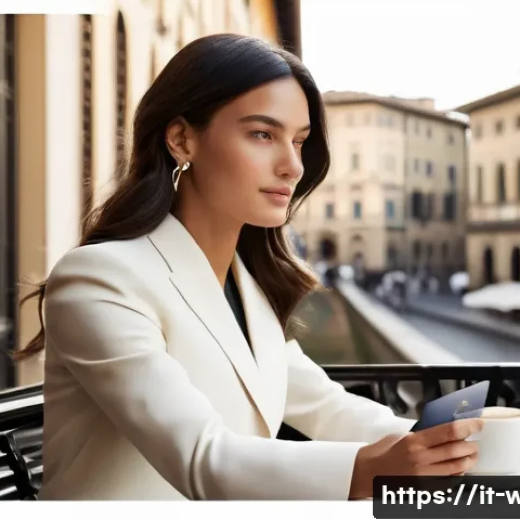 DKNY 모노그램 카드지갑 리뷰 - **"A sophisticated Italian woman, in her late 20s to early 30s, elegantly dressed in a modern, tailo...