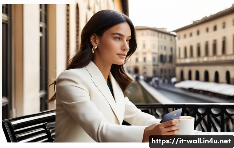 DKNY 모노그램 카드지갑 리뷰 - **"A sophisticated Italian woman, in her late 20s to early 30s, elegantly dressed in a modern, tailo...