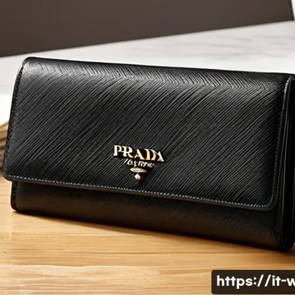 프라다 여성용 장지갑과 컴팩트 지갑 비교 - A luxurious Prada long wallet displayed elegantly on a polished wooden table, showcasing its saffian...