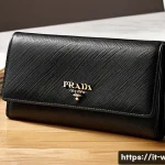 프라다 여성용 장지갑과 컴팩트 지갑 비교 - A luxurious Prada long wallet displayed elegantly on a polished wooden table, showcasing its saffian...
