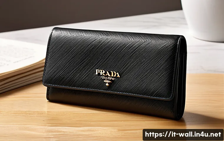 프라다 여성용 장지갑과 컴팩트 지갑 비교 - A luxurious Prada long wallet displayed elegantly on a polished wooden table, showcasing its saffian...