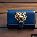 구찌 디오니서스 카드 지갑과 GG 수프림 비교 - A luxurious close-up shot of a Gucci Dionysus wallet resting on a polished wooden surface, showcasin...