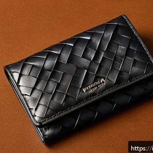 보테가 베네타의 카드홀더와 미니 지갑 비교 - A luxurious Bottega Veneta cardholder and mini wallet displayed on a polished wooden surface, showca...