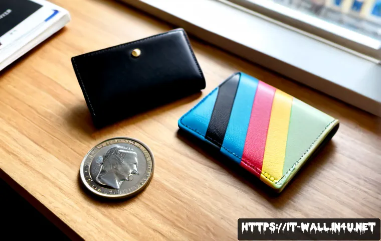 폴 스미스의 스트라이프 지갑과 미니멀 지갑 - Photorealistic luxury product comparison on a warm Italian walnut desk: a colorful multistripe leath...